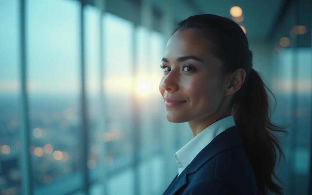 Professional person looking confidently into the future, representing career potential.