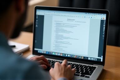 Person typing on a laptop, focused on a resume document